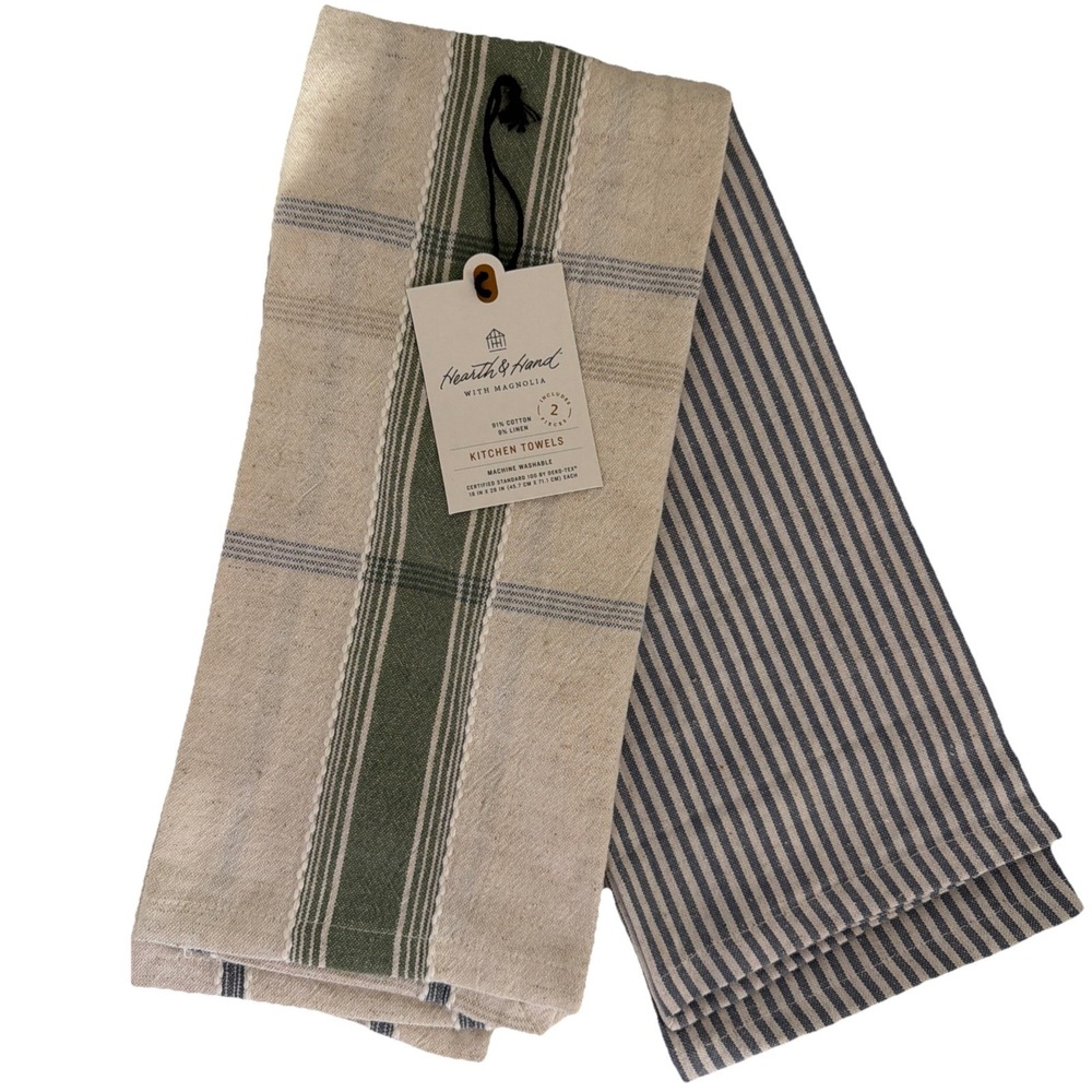 Hearth & Hand Magnolia Striped Kitchen Towels Cream, Green, & Blue, Set of 2 NWT